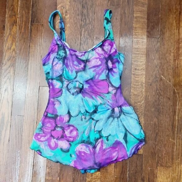Vintage 80s 90s Jantzen Abstract Watercolor Purple Skirted One Piece Swimsuit - Picture 2 of 15